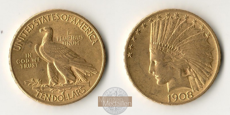 USA  10 Dollars MM-Frankfurt Feingold: 15,05g Indianerkopf 1908 