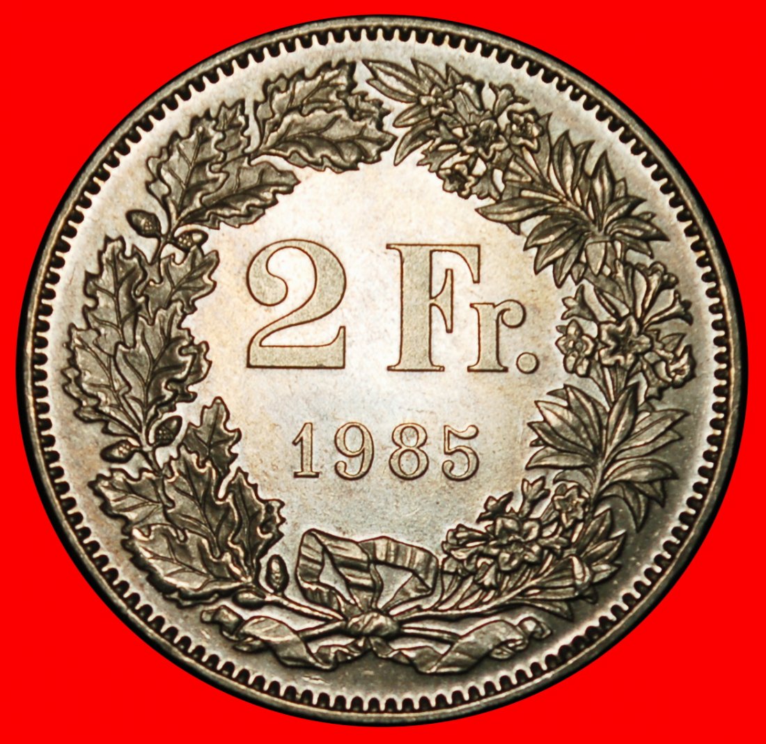 Ⰶ WITH STAR (1875-2025):SWITZERLAND★2 FRANCS 1985 UNC MINT LUSTRE! DIES I+E! LOW START ★ NO RESERVE!