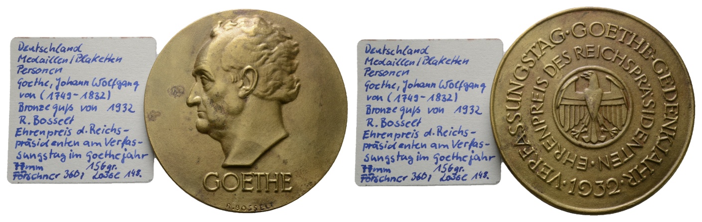  Medaille 1932; Goethe; Ehrenpreis des Reichspräsidenten; Bronze; 155,57 g; Ø 77,1 mm   