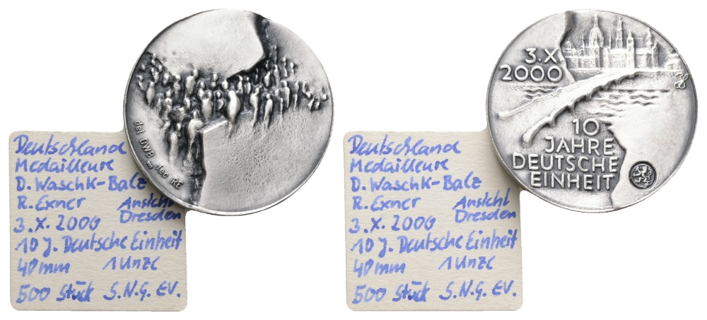 Medaille; 1 Unze; 10 Jahre deutsche Einheit; Feinsilber; 30,93 g; Ø 40,8 mm   