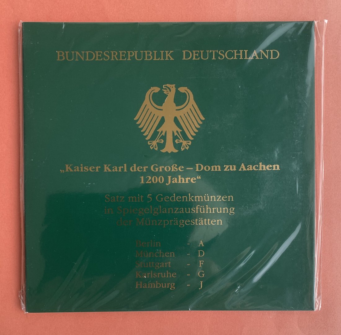  5 x 10 DM Sondermünzen , Karl der Große, 2000,  A-J im Blister PP   