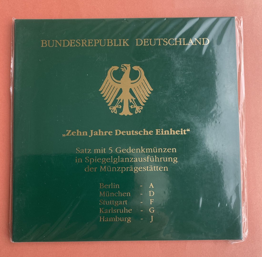  5 x 10 DM , Sondermünzen, 10 Jahre Deutsche Einheit, 2000, A-J, im Blister PP   