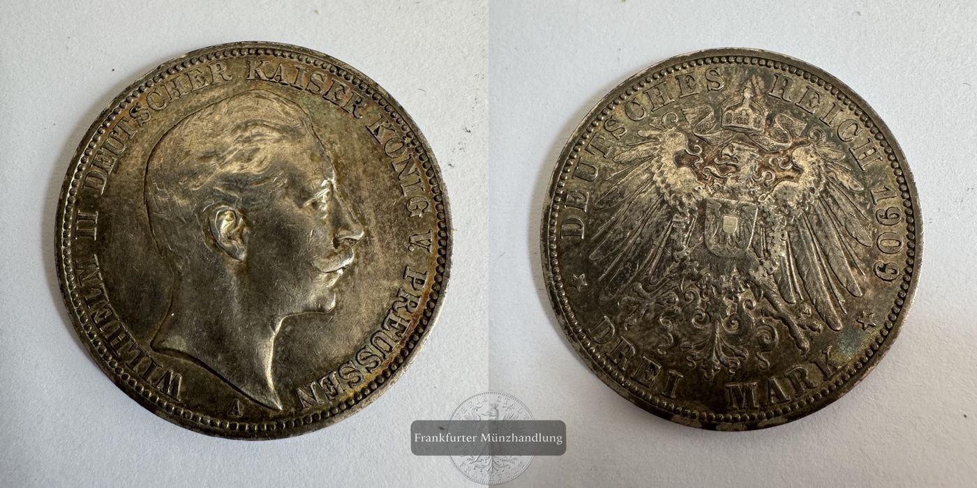  Deutsches Kaiserreich 3 Mark 1909 A Wilhelm II FM-Frankfurt KM#527 Feinsilber: 15g   