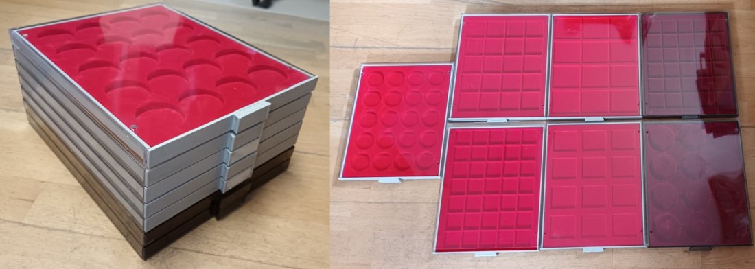 Lindner Münzbox STANDARD, 7 Stück, quadratische und runde Vertiefungen, div. Größen, gebraucht