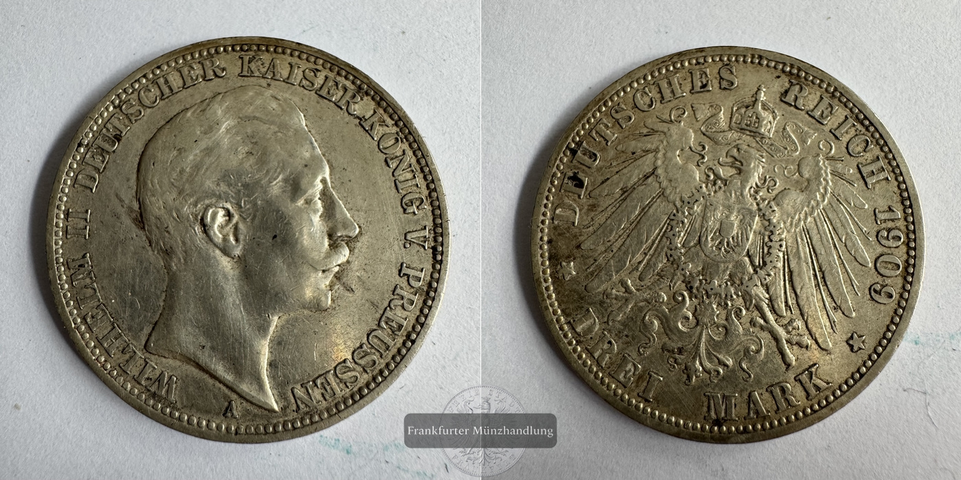  Deutsches Kaiserreich 3 Mark 1909 A Wilhelm II FM-Frankfurt KM#527 Feinsilber: 15g   