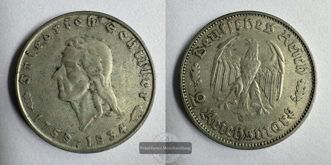  DE Drittes Reich, 2 Reichsmark 1934 175. Geburtstag Schiller FM-Frankfurt KM#84 Feinsilber:5g   