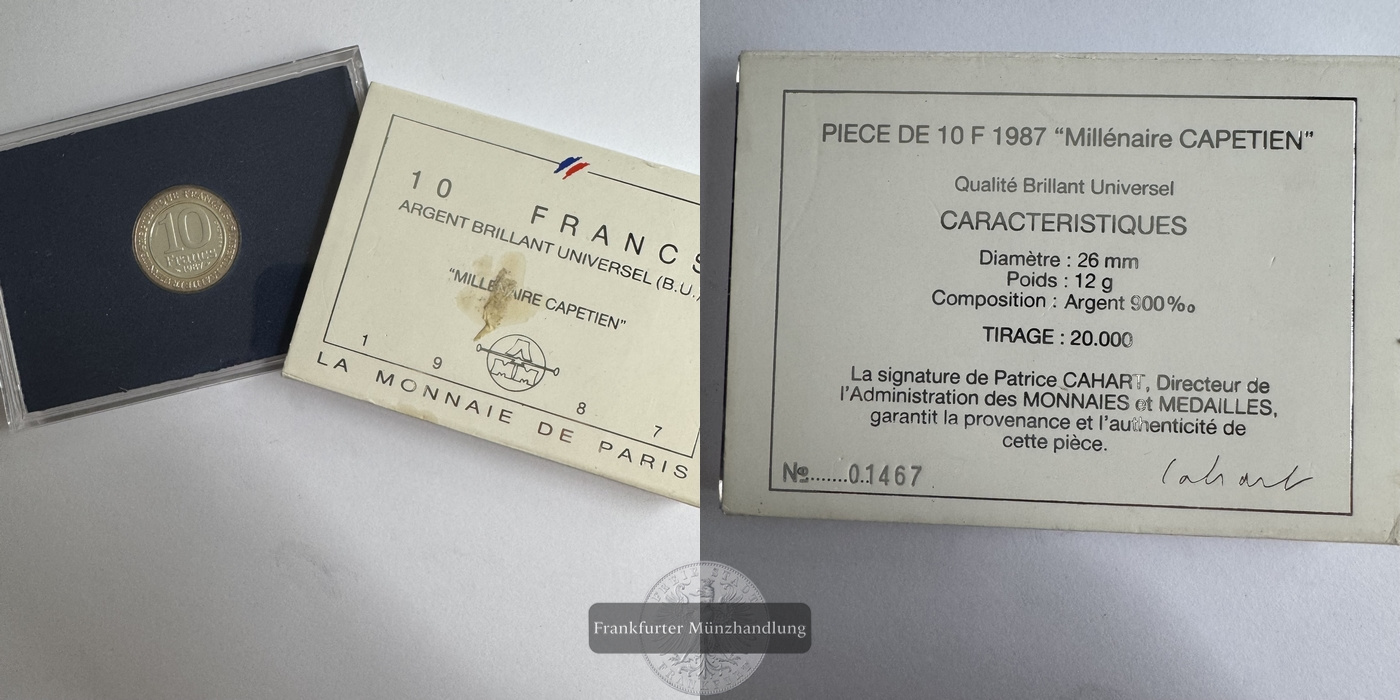 Frankreich 10 Francs 1987 Hugues Capet FM-Frankfurt KM#961 Feinsilber: 10,8g   