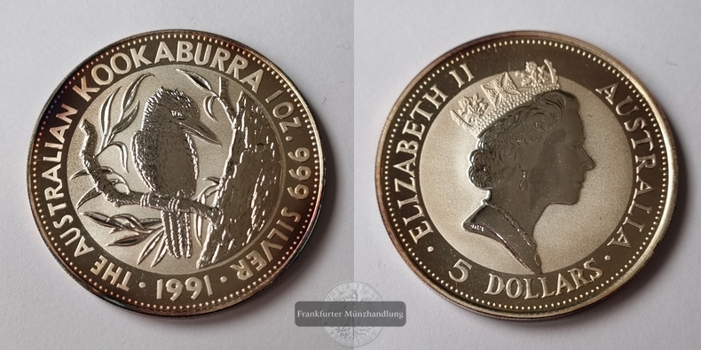  Australien,  5 Dollar 1991  Kookaburra  FM-Frankfurt KM#138 Feinsilber: 31,1g   