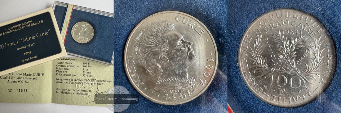  Frankreich,  100 Francs  1984    Marie Curie     FM-Frankfurt  KM#955  Feinsilber: 13,5g   