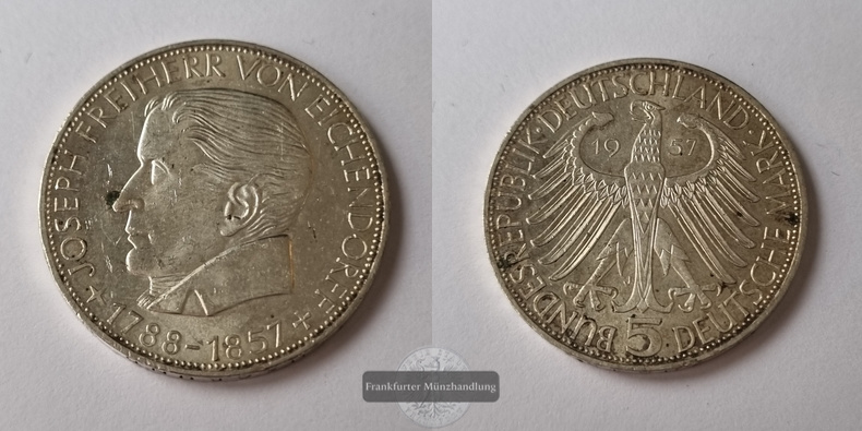  Deutschland. 5 DM 1957 J  Joseph Freiherr von Eichendorff   FM-Frankfurt  Feinsilber: 7g   