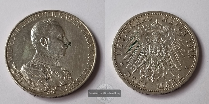  Dt. Kaiserreich. 3 Mark Wilhelm II Preußen 1913 Uniform A FM-Frankfurt KM#535 Feinsilber: 15g   