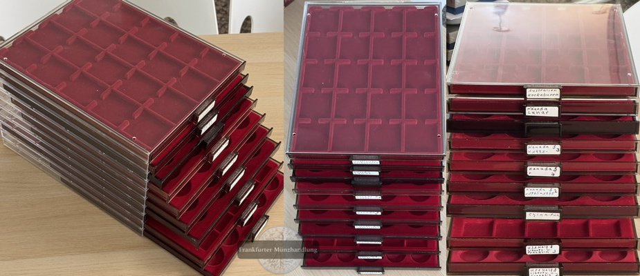 Münzbox rot mit 10 ausziehbaren Tableaus, gebraucht   
