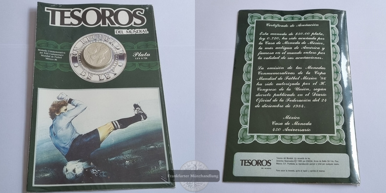  Mexiko, 50 Pesos 1985 FIFA WM 1986 FM-Frankfurt Feinsilber: 11,2g   