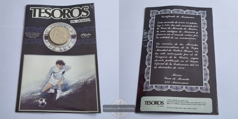  Mexiko, 100 Pesos 1985 FIFA WM 1986 FM-Frankfurt Feinsilber: 22,4g   