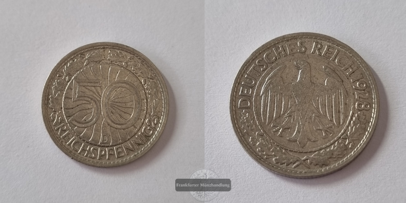  Deutschland, Weimarer Rep.  50 Reichspfennig 1928 D  FM-Frankfurt   
