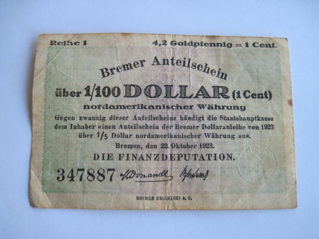 Notgeld Inflationsgeld Bremen 1/100 Dollar 4,2 Goldpfennig 1922