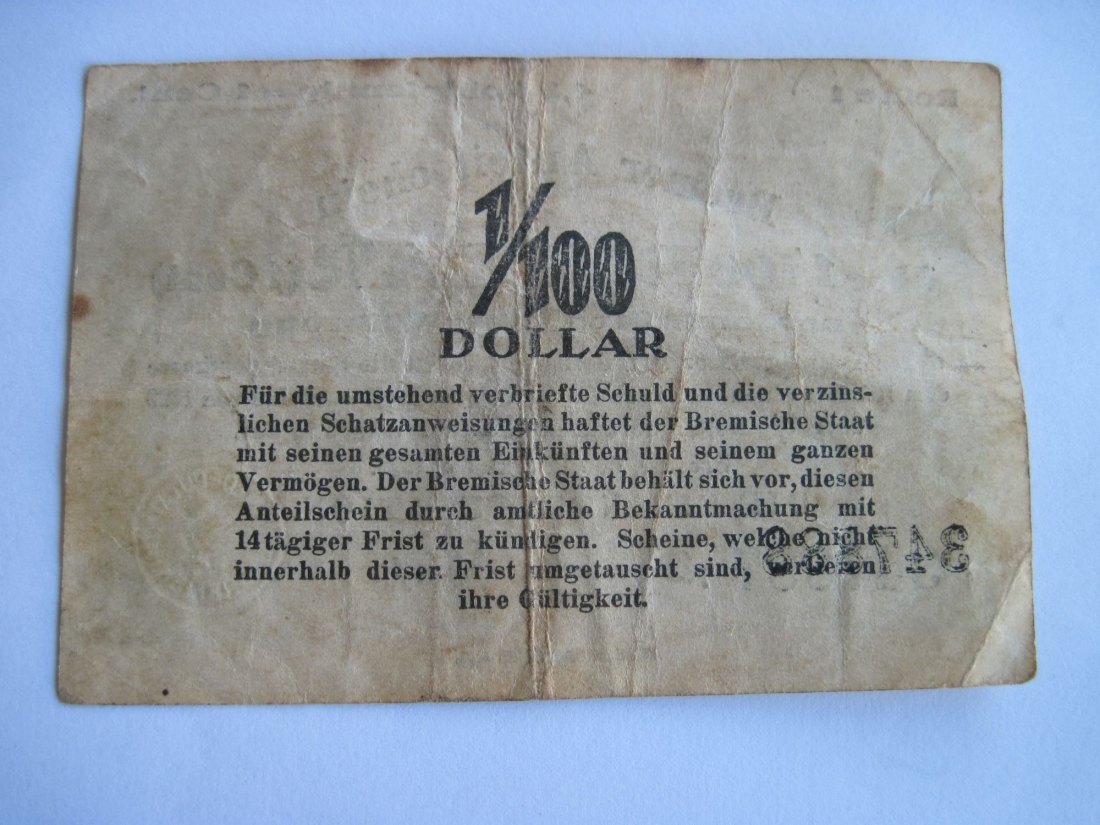  Notgeld Inflationsgeld Bremen 1/100 Dollar 4,2 Goldpfennig 1922   