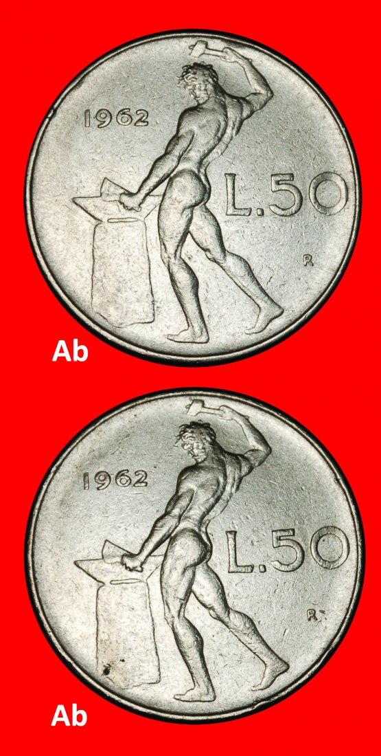  Ⰶ NACKTER VULKAN (1954-1989): ITALIEN ★ 50 LIRA 1962R! 2 ENTDECKUNG MÜNZEN!★OHNE VORBEHALT!   