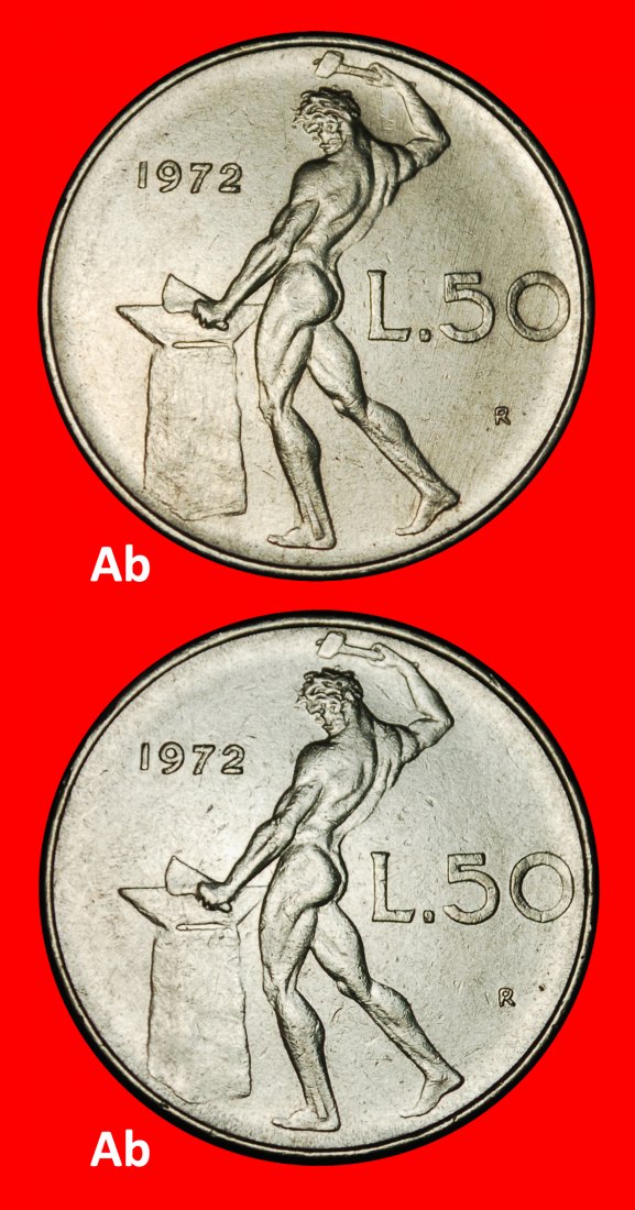  Ⰶ NACKTER VULKAN (1954-1989): ITALIEN ★ 50 LIRA 1972R! 2 ENTDECKUNG MÜNZEN!★OHNE VORBEHALT!   