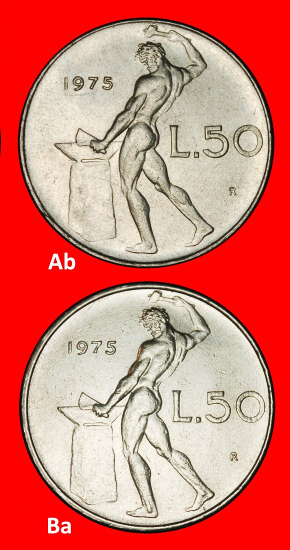  Ⰶ NACKTER VULKAN (1954-1989): ITALIEN ★ 50 LIRA 1975R! 2 ENTDECKUNG MÜNZEN!★OHNE VORBEHALT!   