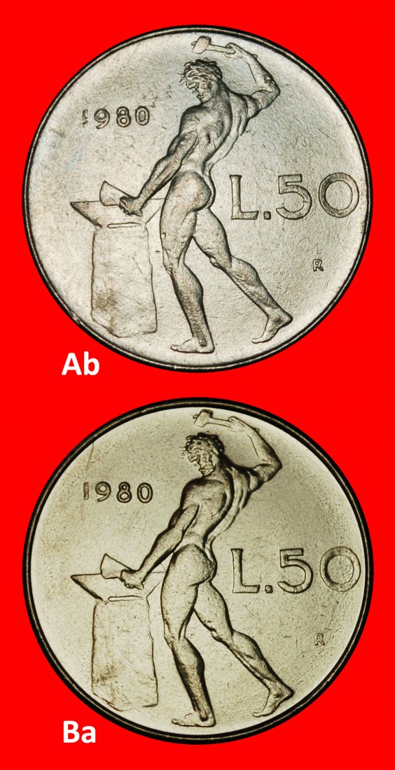  Ⰶ NACKTER VULKAN (1954-1989): ITALIEN ★ 50 LIRA 1980R! 2 ENTDECKUNG MÜNZEN!★OHNE VORBEHALT!   