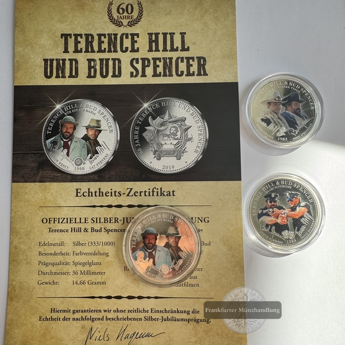  Deutschland 3x 60 Jahre Terence Hill & Bud Spencer Silber-Medaillen FM-Frankfurt Feinsilber: 14,65g   