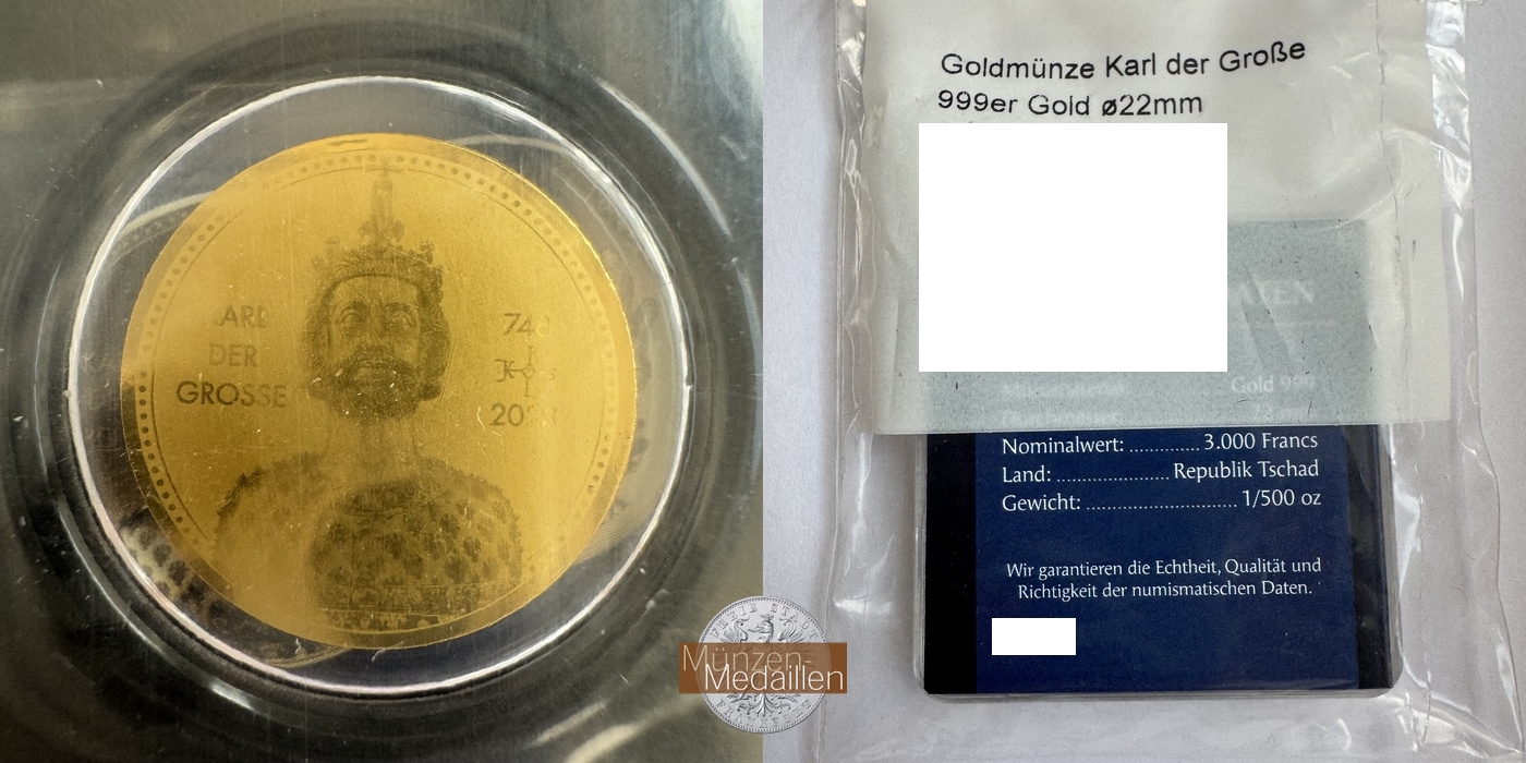  Tschad 3000 Francs Goldmünze Karl der Große MM-Frankfurt Feingold: 0,057g   