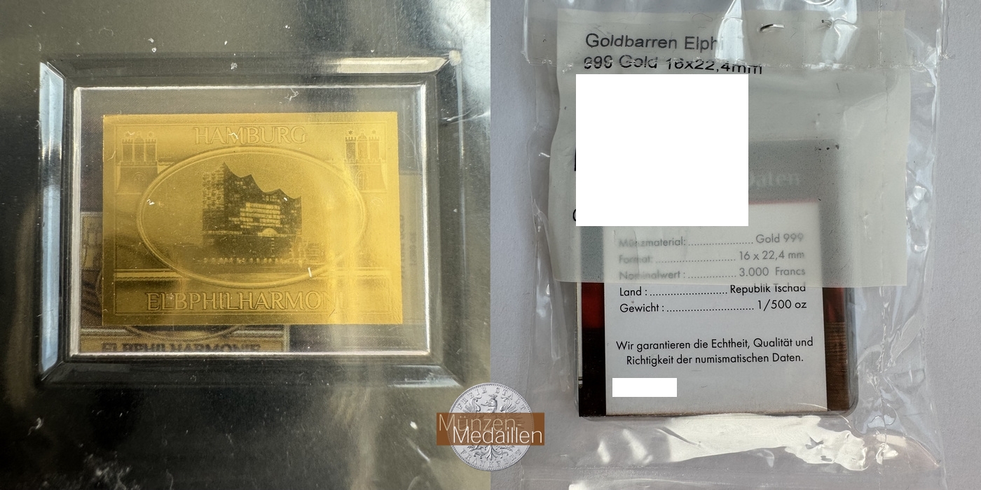  Tschad 3000 Francs Goldbarren Elphi MM-Frankfurt Feingold: 0,057g   