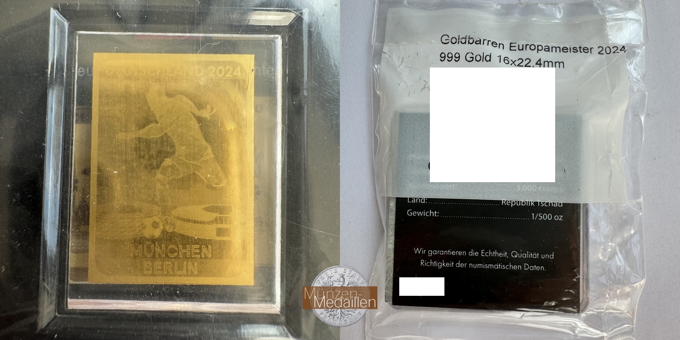  Tschad 3000 Francs Goldbarren Europameister 2024 MM-Frankfurt Feingold: 0,057g   