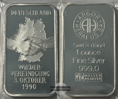  Deutschland 1 Unze Silberbarren Heraeus Edelmetalle Hanau FM-Frankfurt Feinsilber: 31g   