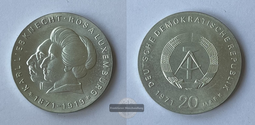  DDR  20 Mark  1971 Karl Liebknecht und Rosa Luxemburg KM#32  FM-Frankfurt  Feinsilber: 13,06g   