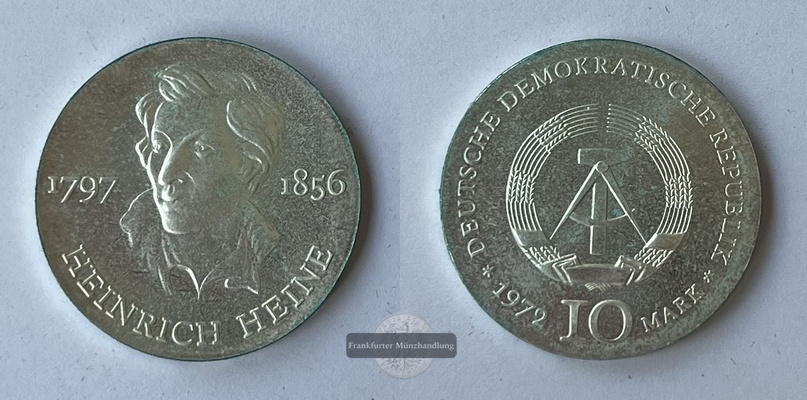  DDR  10 Mark  1972 Heinrich Heine KM#39 FM-Frankfurt Feinsilber: 10,6g   