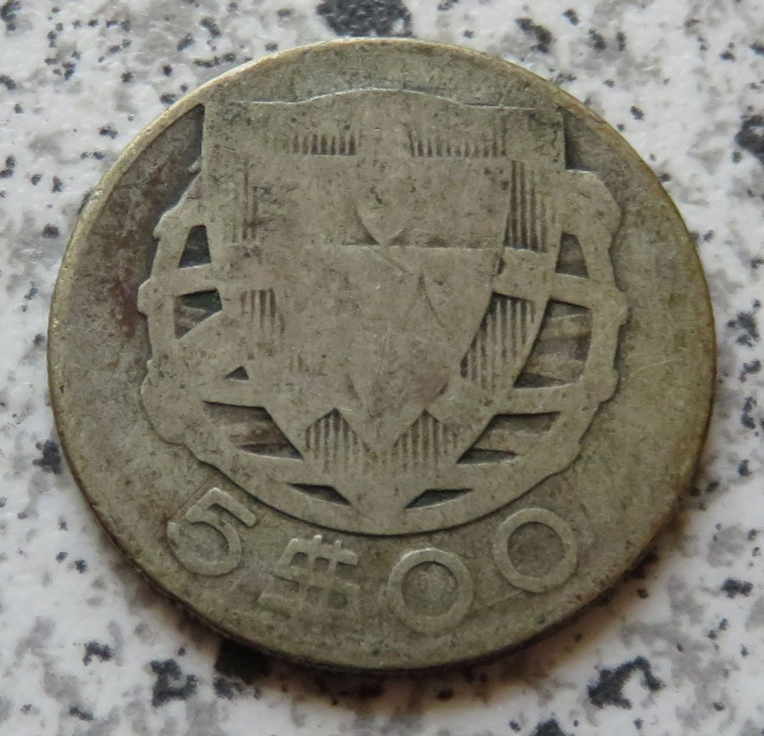  Portugal 5 Escudos 1932, eher selten, aber nur Belegstück   
