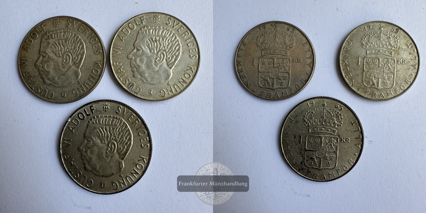  Schweden 3x 1 Krona 1955/63/65 Gustaf VI Adolf FM-Frankfurt KM#826 Feinsilber: 8,4g   