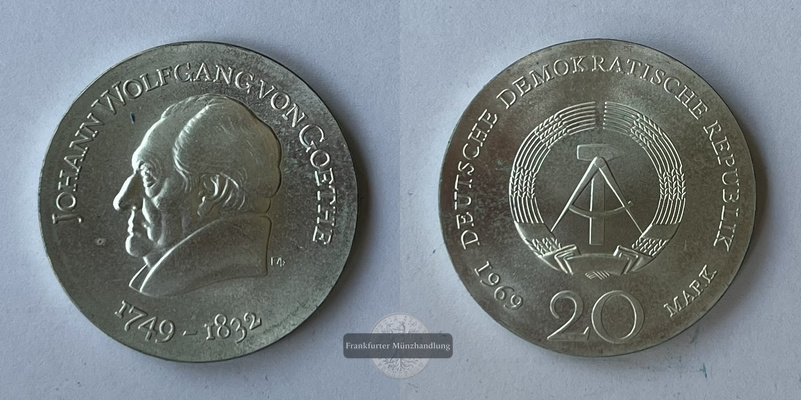  DDR 20 Mark 1969 Johann Wolfgang von Goethe KM#25  FM-Frankfurt  Feinsilber: 13,06g   