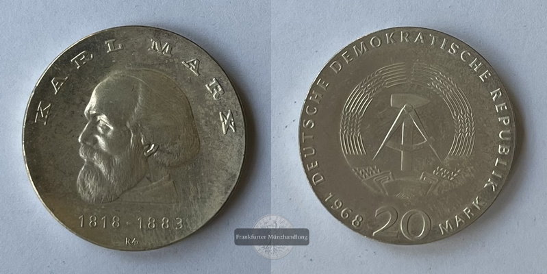  DDR  20 Mark 1968  Karl Marx KM#61 FM-Frankfurt  Feinsilber: 16,72g   