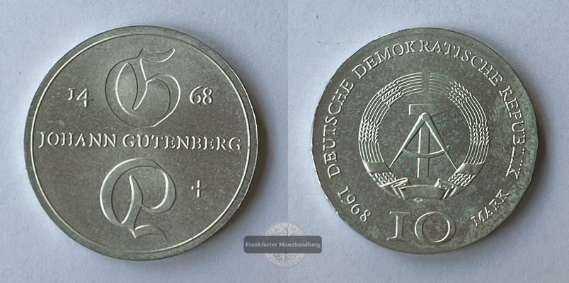  DDR  10 Mark  1968  Johannes Gutenberg  KM#20 FM-Frankfurt Feinsilber: 10,6g   