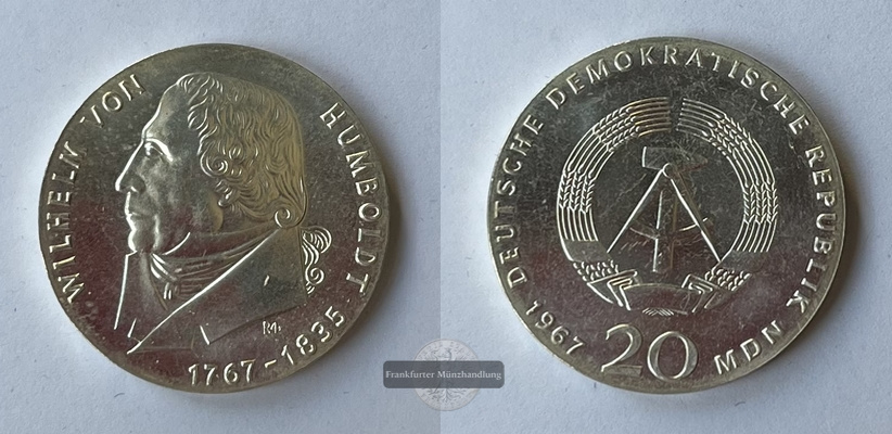  DDR  20 Mark  1967  Wilhelm von Humboldt KM#18 FM-Frankfurt  Feinsilber: 16,72g   