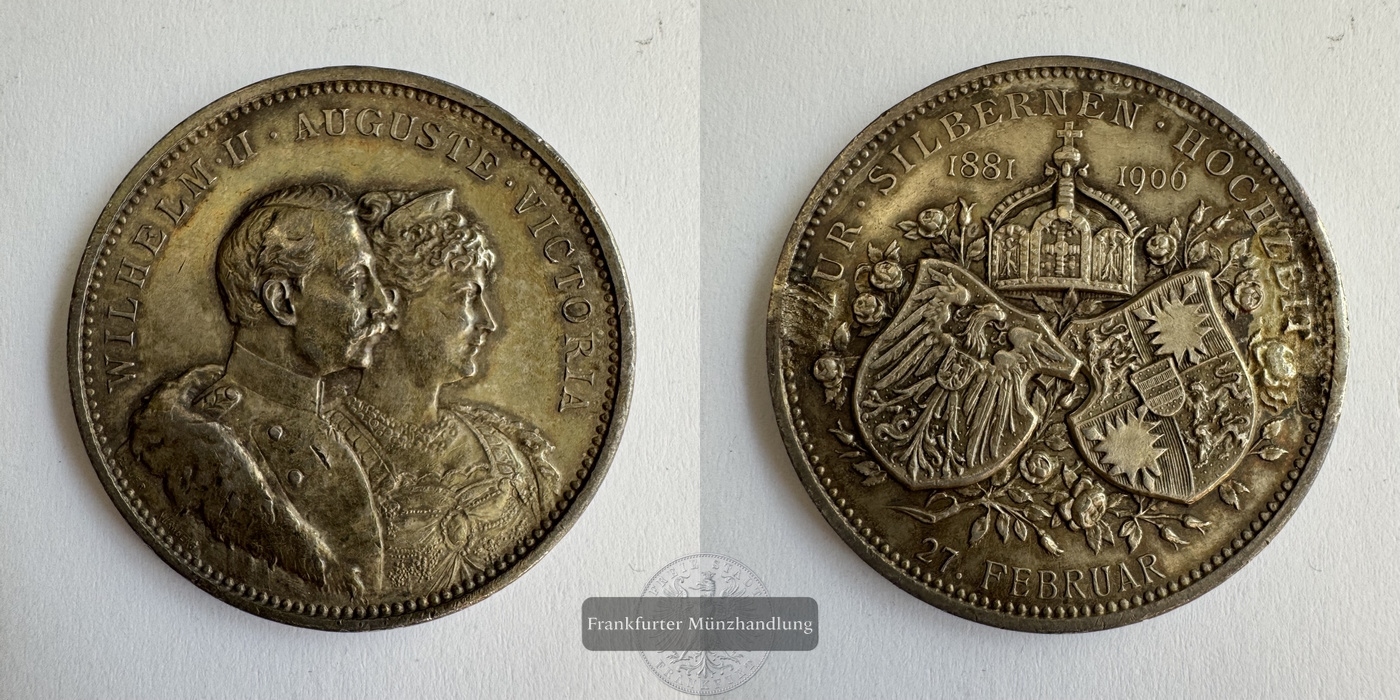  Deutschland Wilhelm II & Victoria Silberhochzeit Silbermedaille FM-Frankfurt Feinsilber: 17,46g   