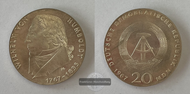  DDR  20 Mark  1967  Wilhelm von Humboldt KM#18 FM-Frankfurt  Feinsilber: 16,72g   