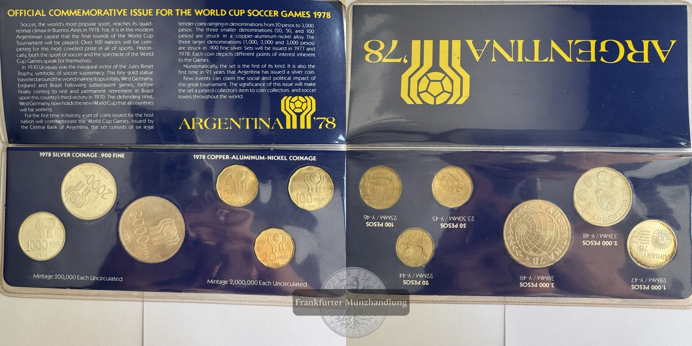  Argentinien  Kursmünzensatz  1978  World Cup soccer games 1978   FM-Frankfurt  Feinsilber ges.: 45g   