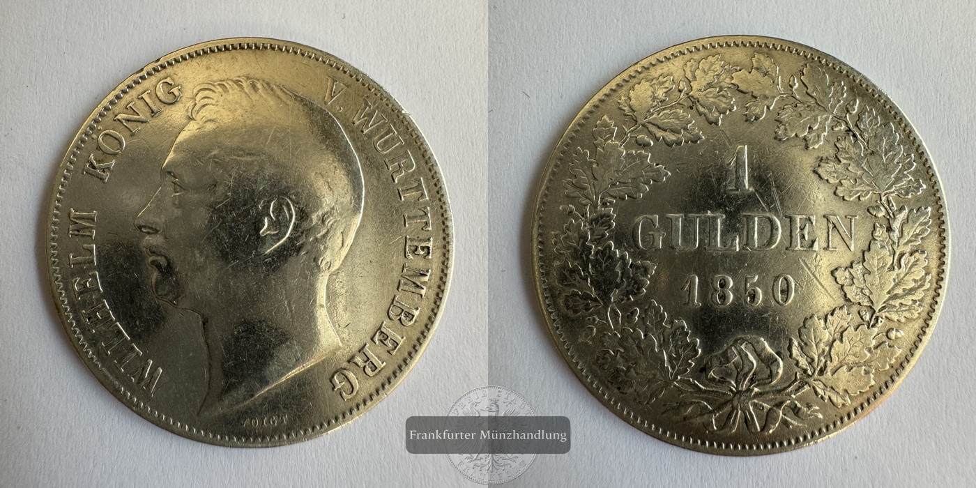  Deutschland Württemberg 1 Gulden 1850 Wilhelm/William FM-Frankfurt KM#574 Feinsilber: 9,54g   