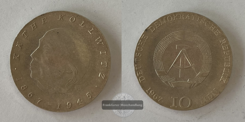  DDR  10 Mark  1967   Käthe Kollwitz KM#17  FM-Frankfurt  Feinsilber: 13,6g   