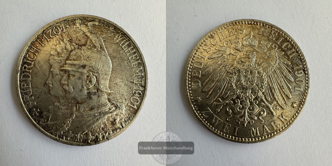  Dt. Kaiserreich 2 Mark 1901 200 Jahre Preußen FM-Frankfurt KM#525 Feinsilber: 10g   