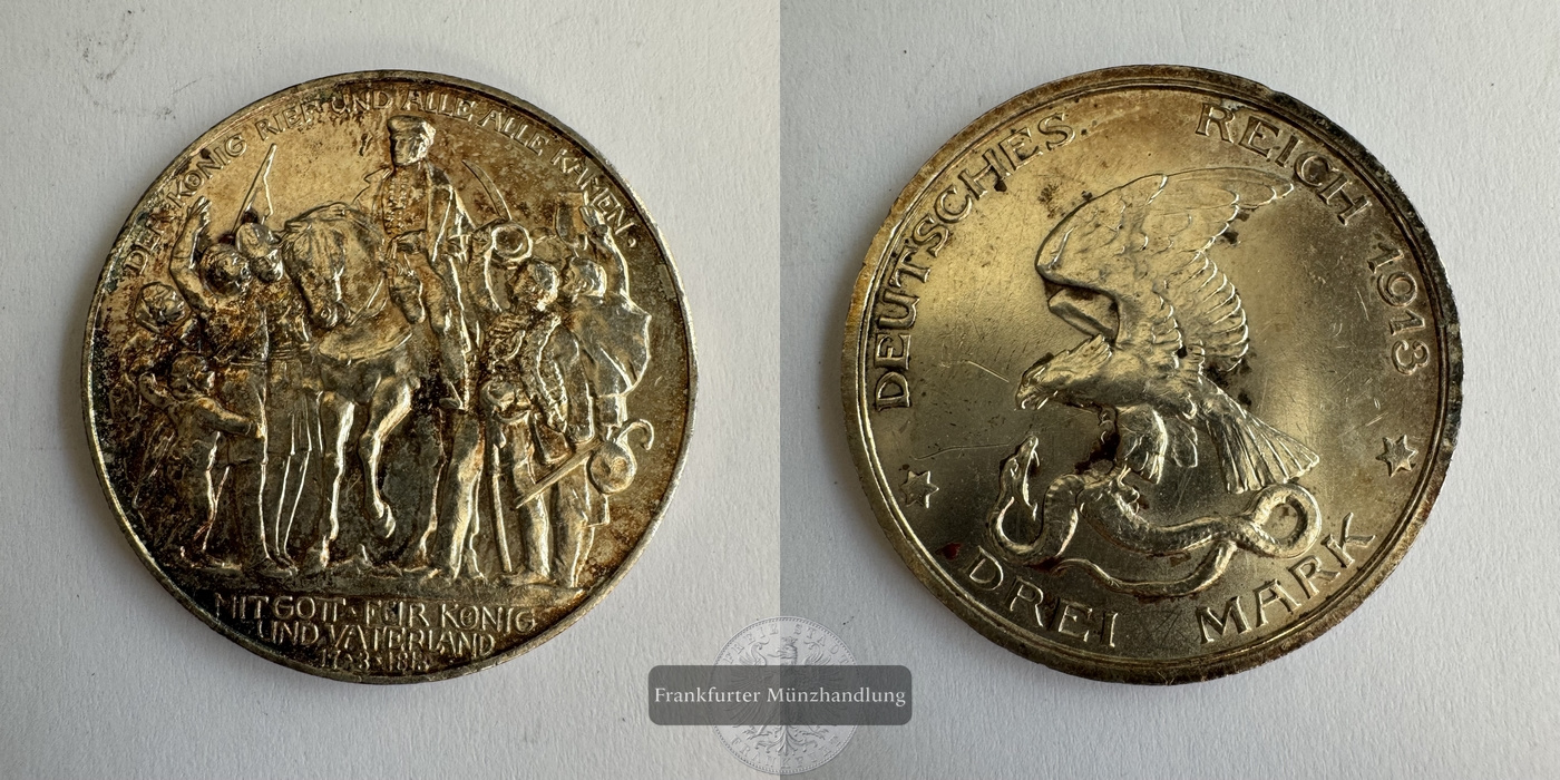  Dt. Kaiserreich Preussen, Wilhelm II. 3 Mark 1913 A  FM-Frankfurt KM#534 Feinsilber: 15g   