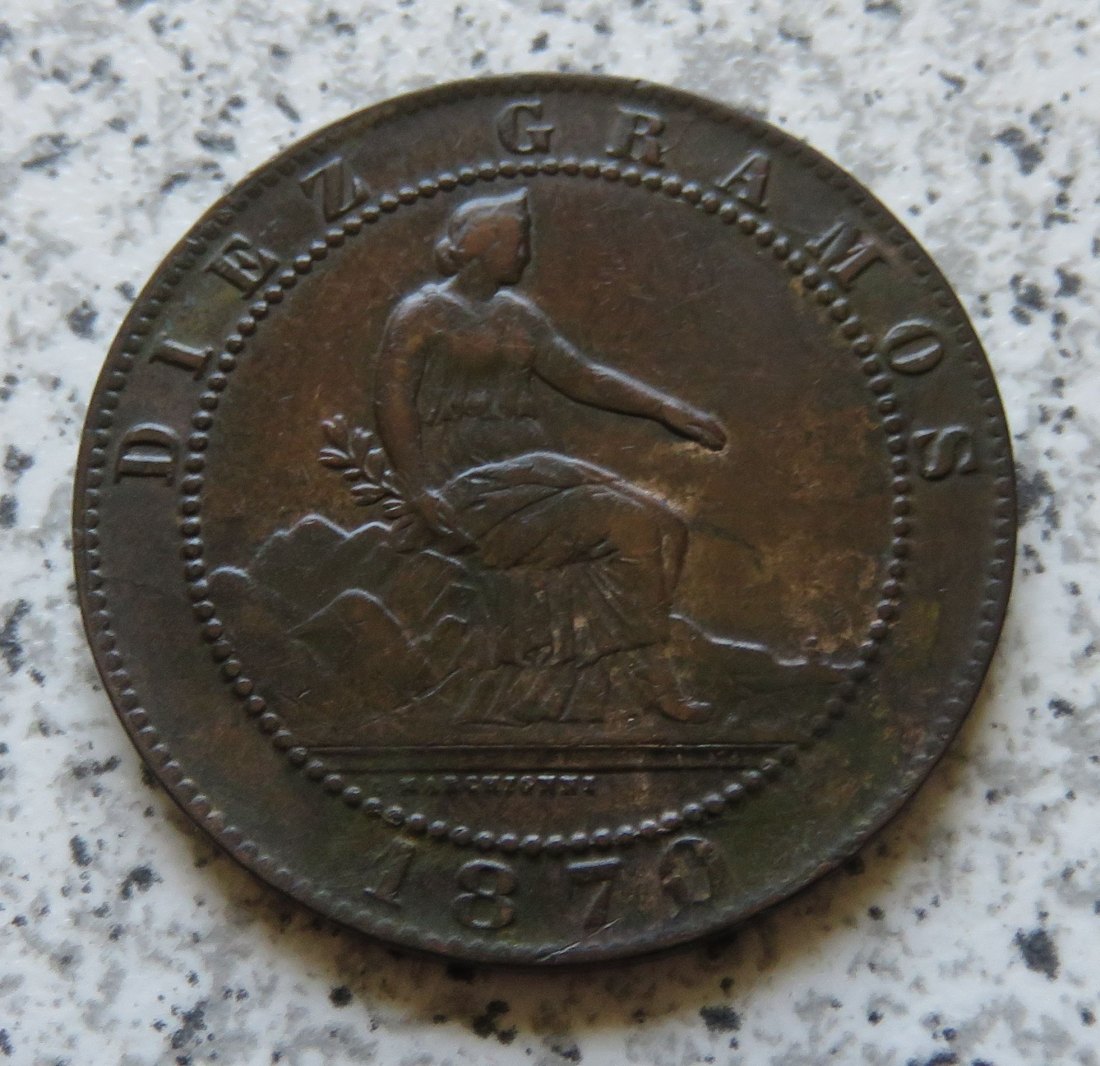  Spanien 10 Centimos 1870, besser   