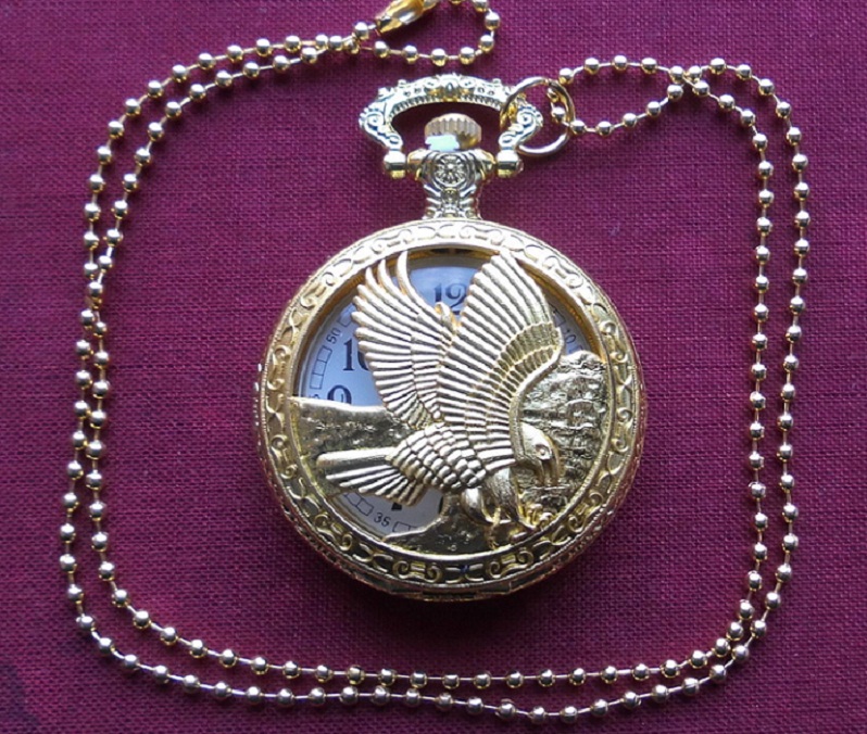  Taschenuhr Weißkopfadler mit 80cm Kette goldfarbig Quarzwerk NEU !   