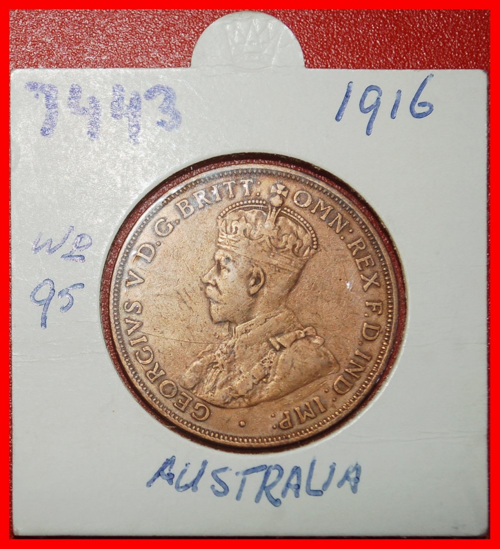  Ⰶ INDIA (1916-1918): AUSTRALIA★1 PENNY 1916I! GEORGE V (1911-1936) IN HOLDER★LOW START ★ NO RESERVE!   