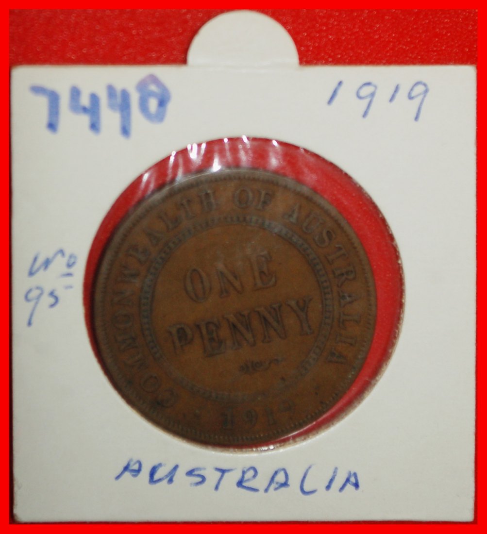 Ⰶ BRITAIN DIES:AUSTRALIA★1 PENNY 1919 NO DOT! GEORGE V (1911-1936) IN HOLDER★LOW START ★ NO RESERVE!