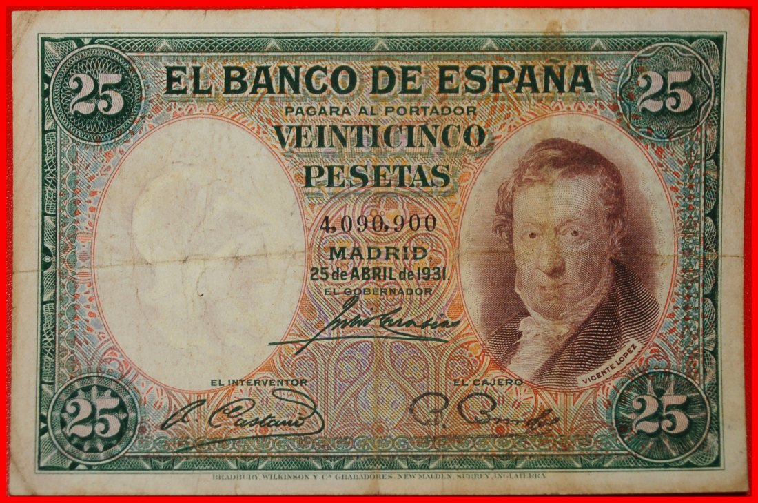 Ⰶ GREAT BRITAIN CHARLES III 1759-1788: SPAIN★25 PESETAS 1931 LOPEZ 1772-1850★LOW START ★ NO RESERVE!